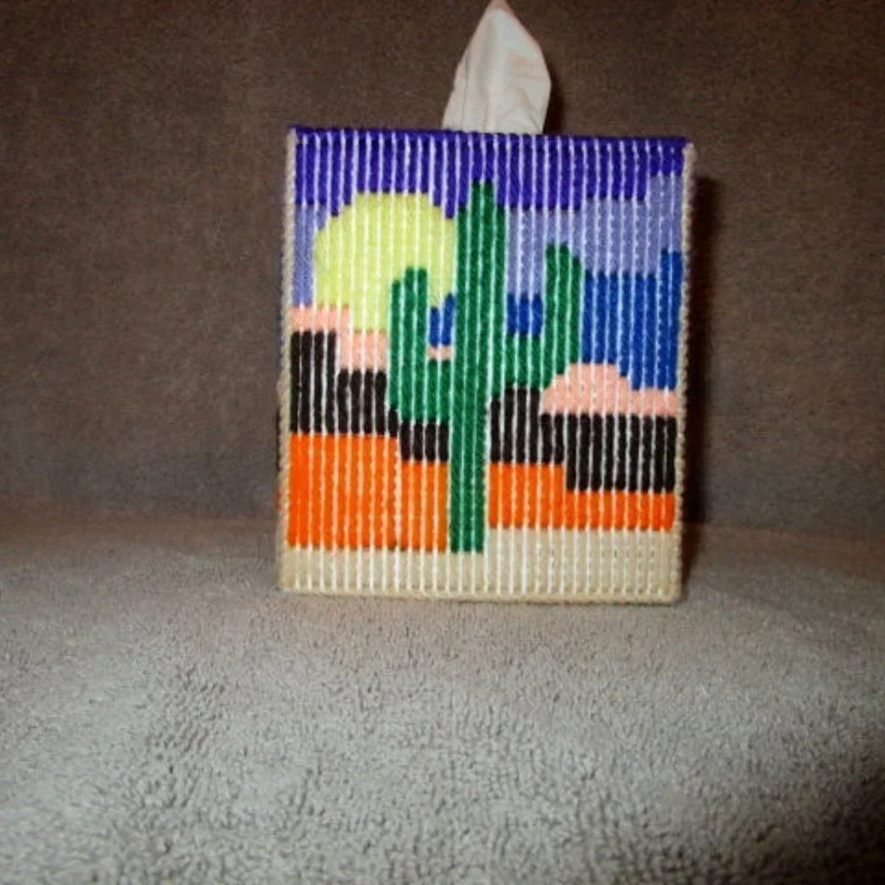 Vtg Cross Stitch Plastic Canvas Tissue Box Cover Saguaro Desert Sunrise Cactus